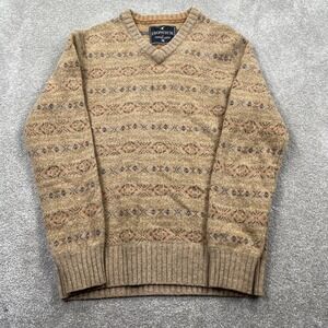 Howick Vermont Fairisles Mens V-Neck Sweater Tan 100% Wool Fair Isle Medium